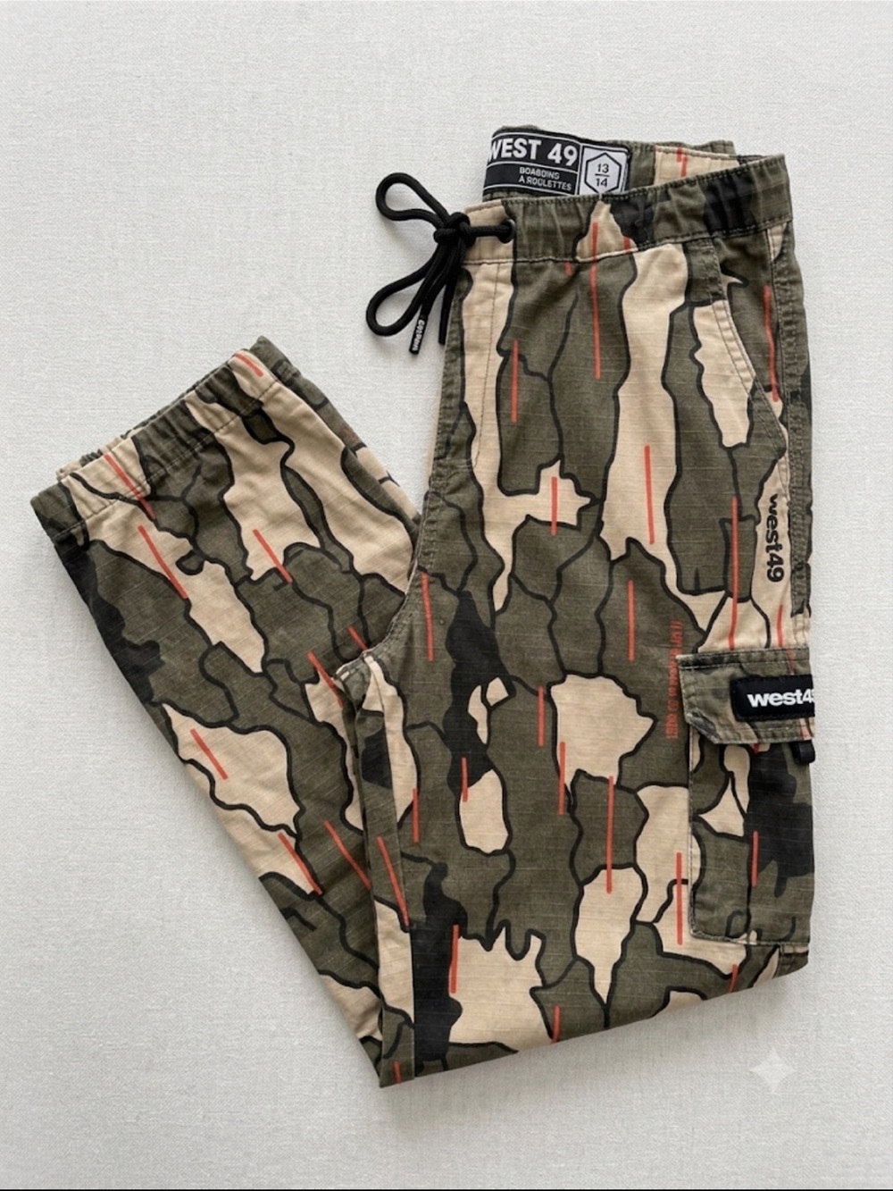 Men's Olive Camo Cargo Pants with Tan & Orange Stripe